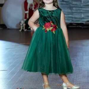 Kid's Dream Emerald Dress with Red Floral Accents